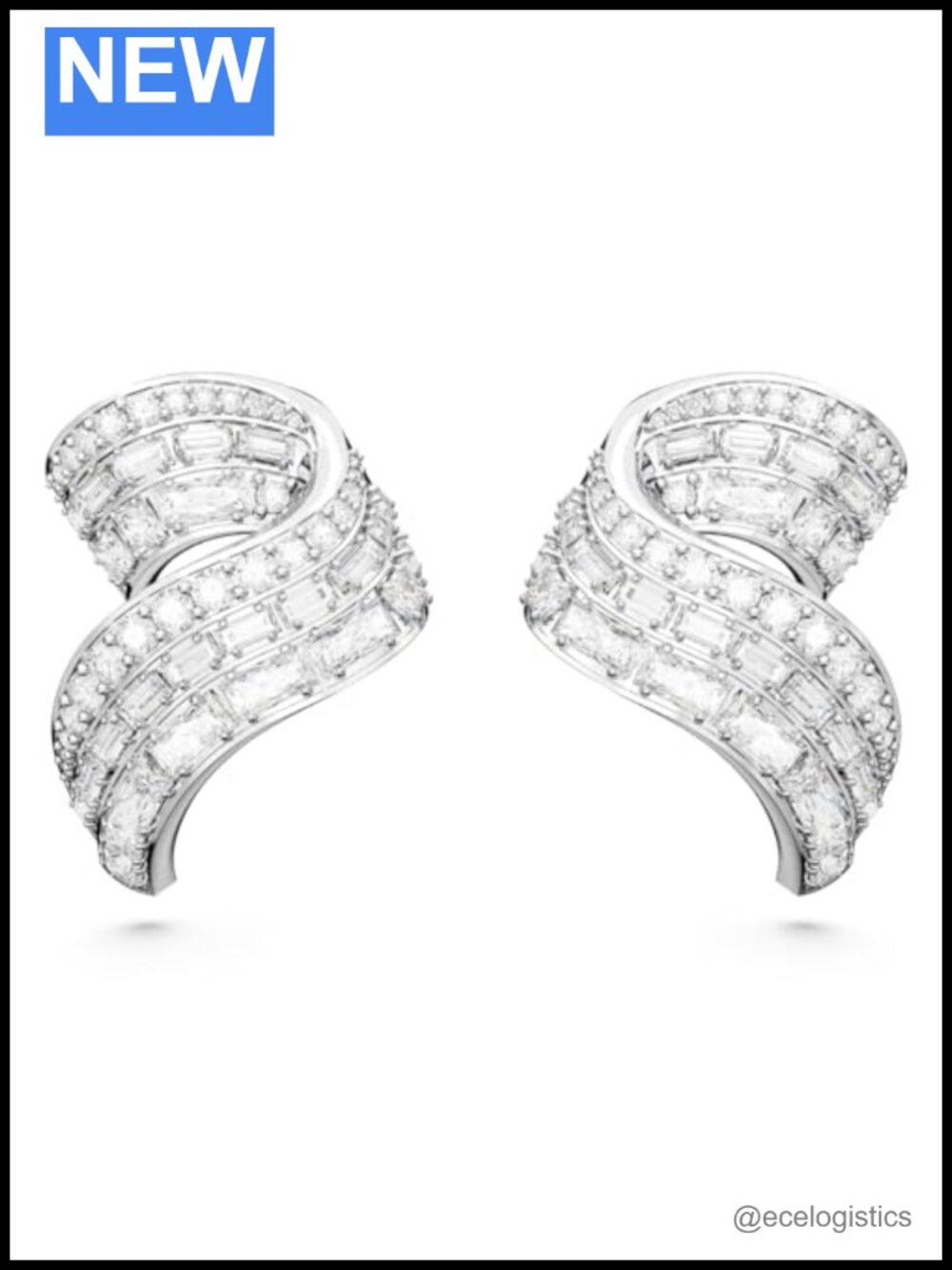 Hyperbola Stud Earrings Clear Mixed-Cut Stones Rhodium Finished